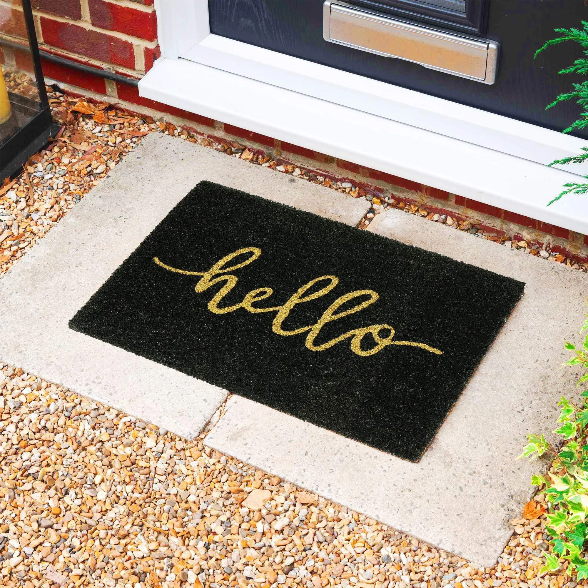 60cm x 40cm Black Hello Coir Door Mat - By Nicola Spring