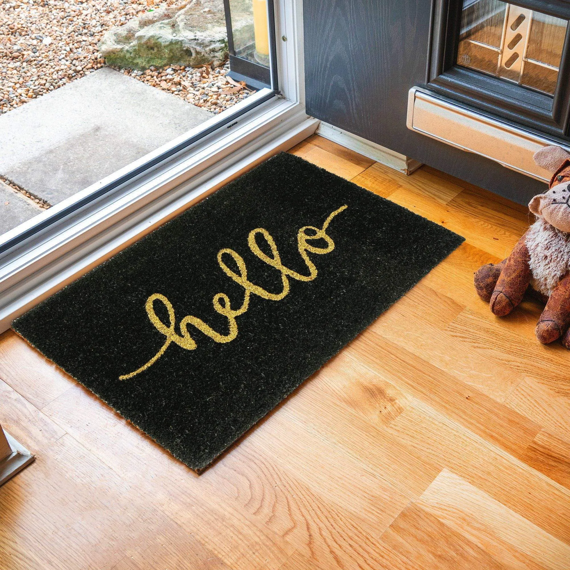60cm x 40cm Black Hello Coir Door Mat - By Nicola Spring
