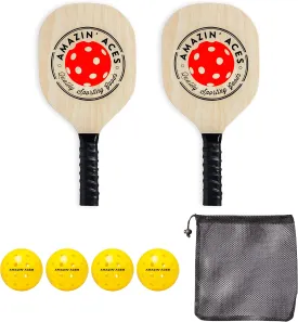 Amazin' Aces Pickleball Wood Paddles Set of 4 or 2 - Wood Pickleball Rackets for All Levels, Includes 4 Wooden Pickleball Paddles with Comfy Cushion Grip, 4 Pickleball Balls, and 1 Pickleball Bag