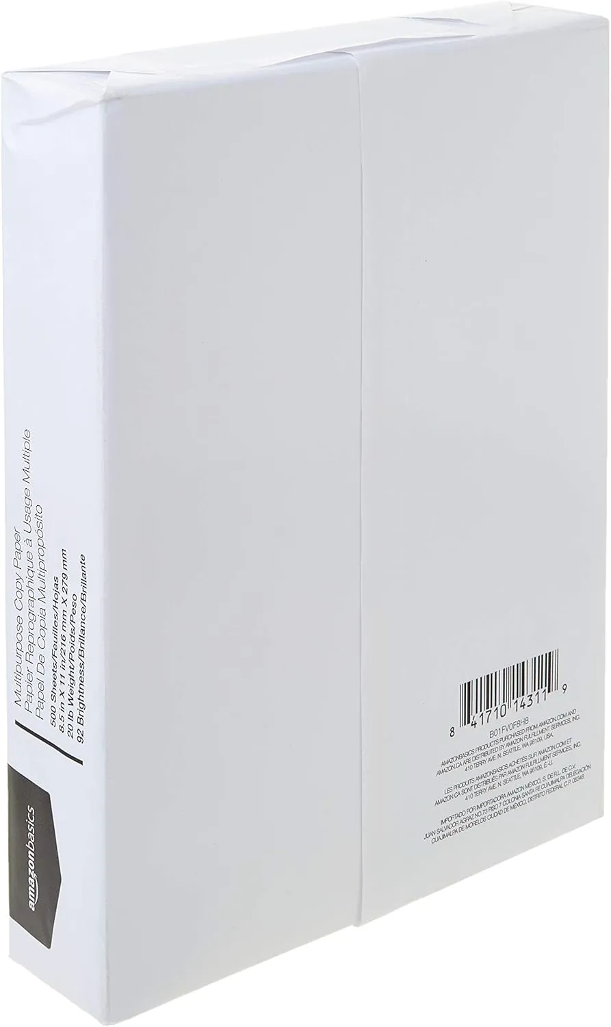 Amazon Basics Multipurpose Copy Printer Paper, 8.5 x 11 inches, 20 lb, 1 Ream, 500 Sheets, 92 Bright, White