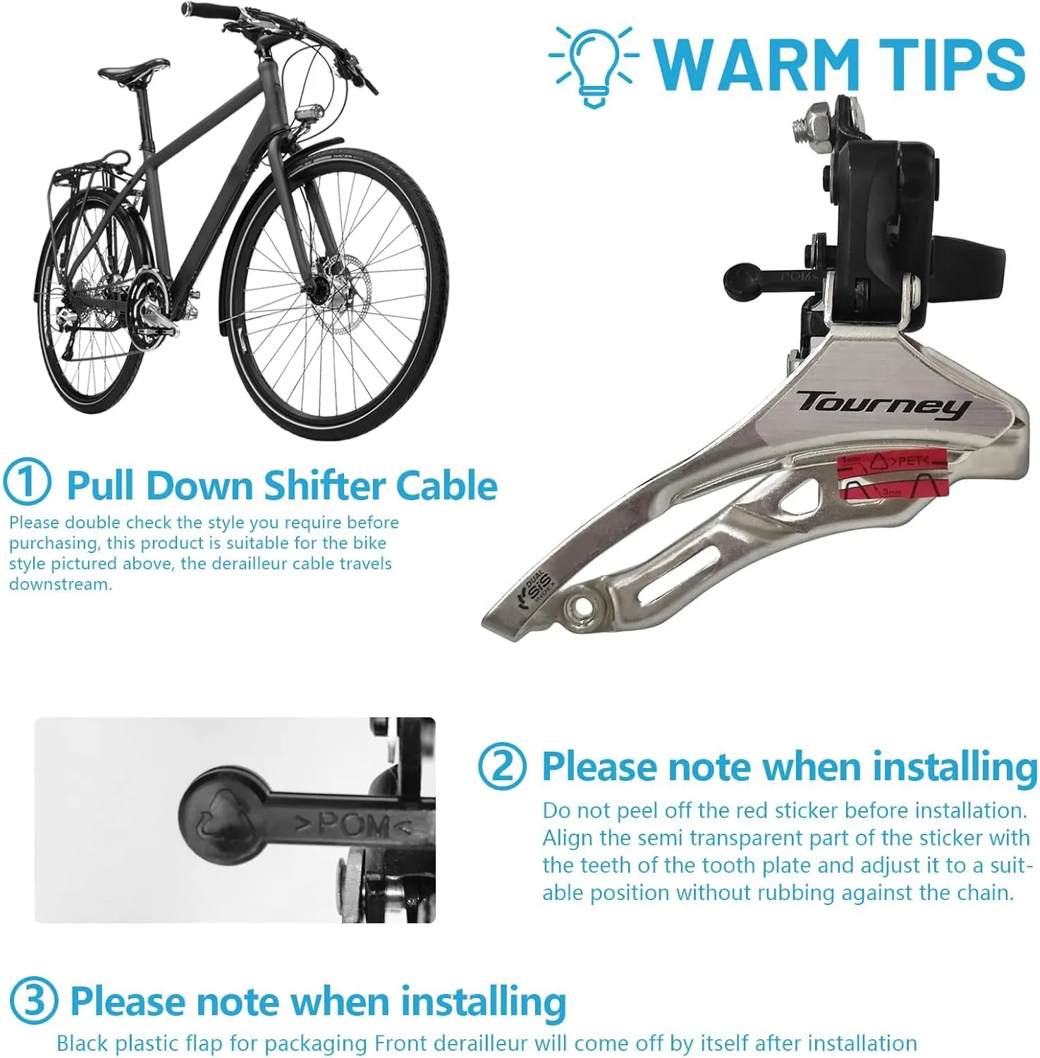 Bicycle Front Derailleur FD-TY300 3 x 6/7 Speed Up/Down Swing, Bike Derailleur 3 Speed with Adjust Clamp Size 31.8mm 34.9mm for Mountain Bike Road Bicycle
