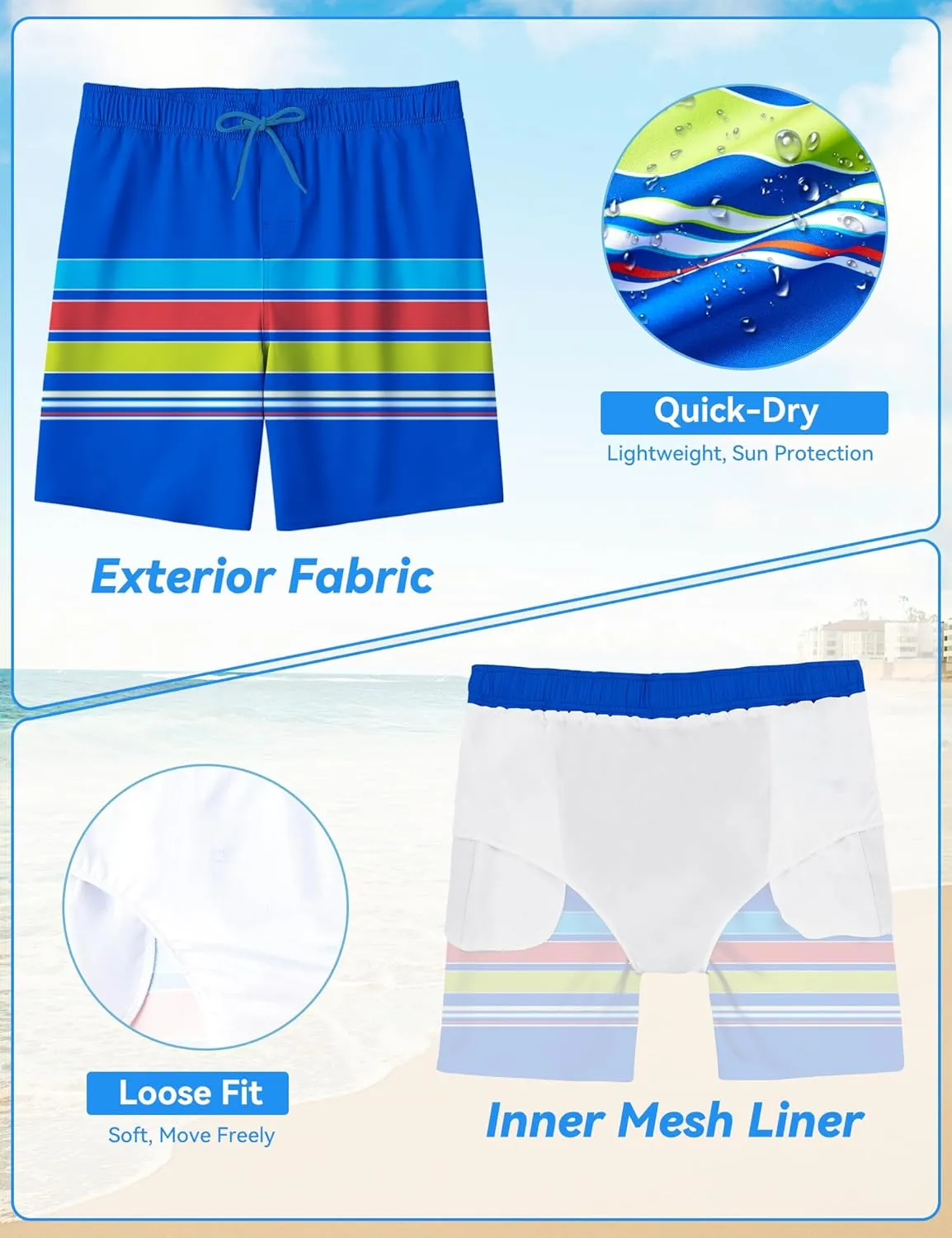 Boys Swim Trunks Quick-Dry w/Ultra Soft Jersey Lining Premium Eco Material UPF 50 