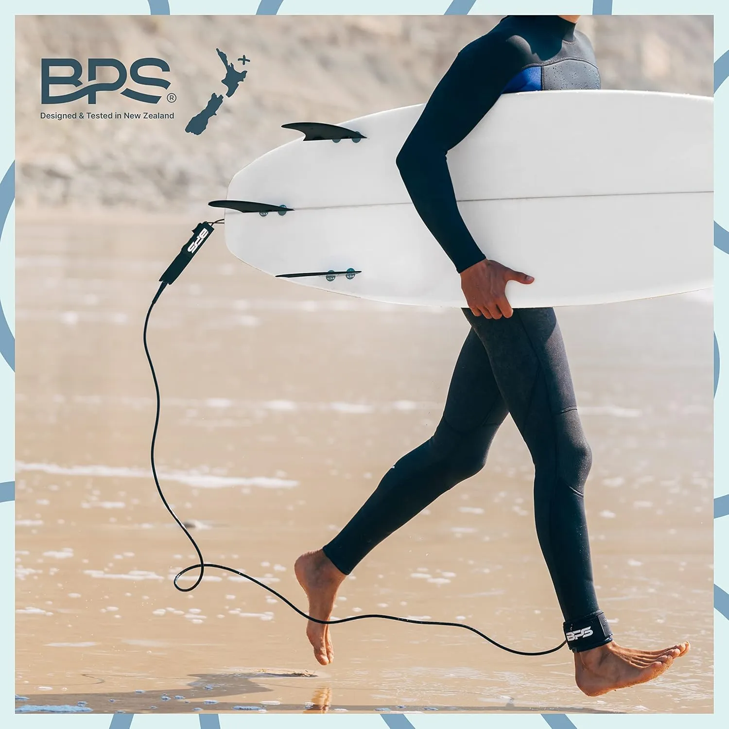 BPS New Zealand Storm Premium Surfboard Leash, 7.2mm 8mm Straight Surf Leash 6ft 7/8/9/10 ft, Legrope Strap for All Boards