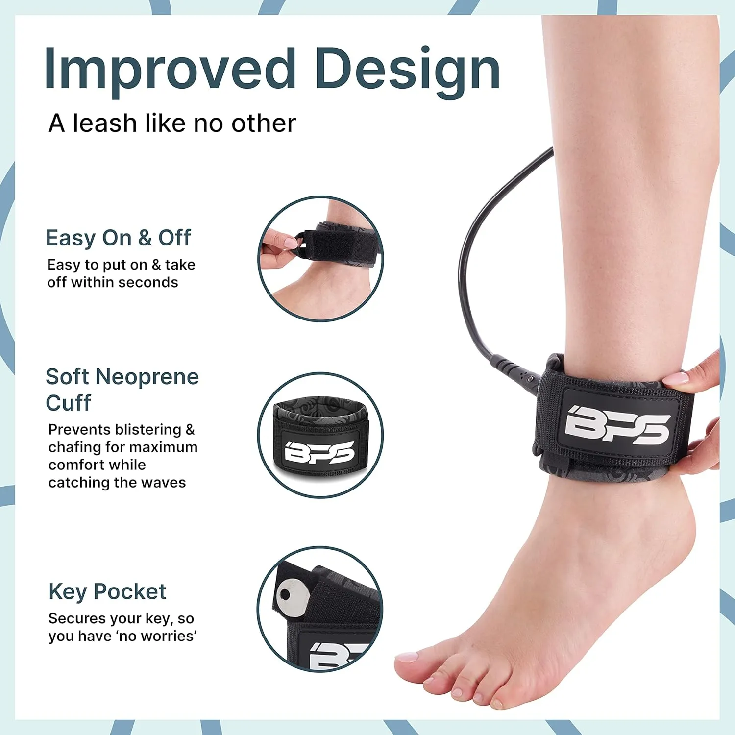 BPS New Zealand Storm Premium Surfboard Leash, 7.2mm 8mm Straight Surf Leash 6ft 7/8/9/10 ft, Legrope Strap for All Boards