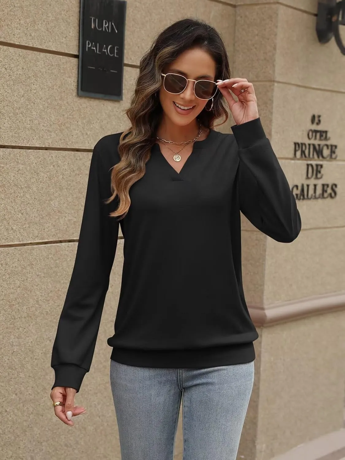 EADINVE Womens V Neck Long Sleeve Sweatshirts Lightweight Pullover Cute Fashion Cute Fall Clothes Tunic Tops 2025
