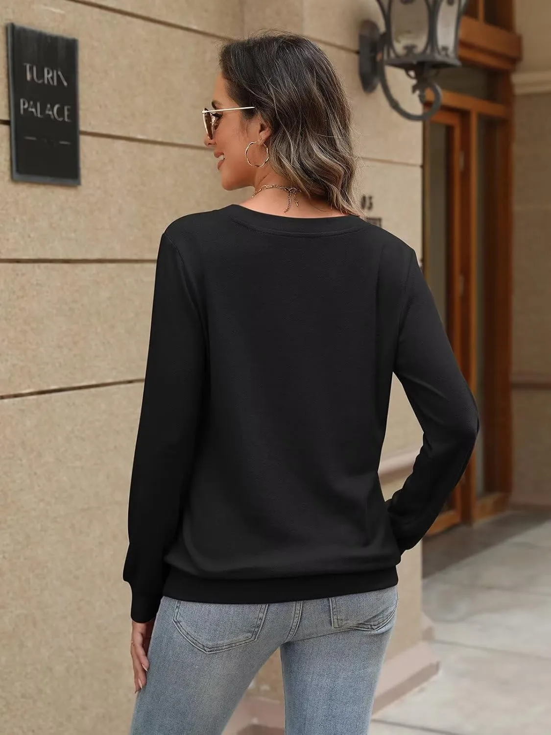 EADINVE Womens V Neck Long Sleeve Sweatshirts Lightweight Pullover Cute Fashion Cute Fall Clothes Tunic Tops 2025