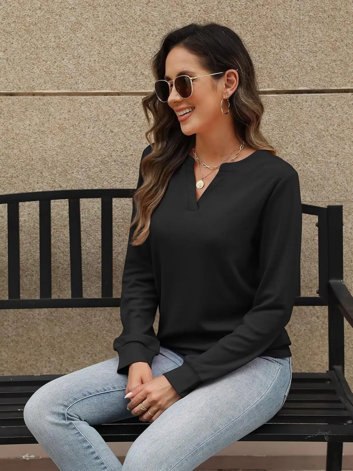 EADINVE Womens V Neck Long Sleeve Sweatshirts Lightweight Pullover Cute Fashion Cute Fall Clothes Tunic Tops 2025