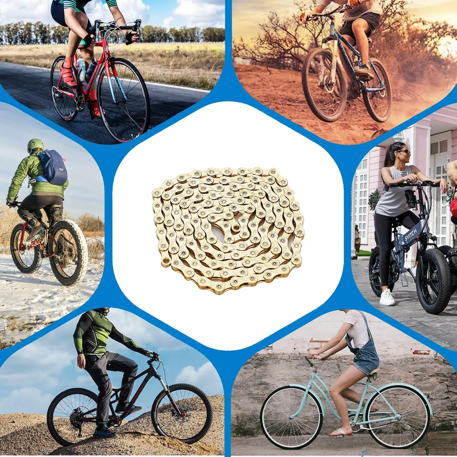 Gold 6/7/8 Speed Bike Chain, 1/2x3/32 Inch, 116 Links, Alloy Steel, Triple Strand, Suitable for Road, Mountain, Racing Bikes