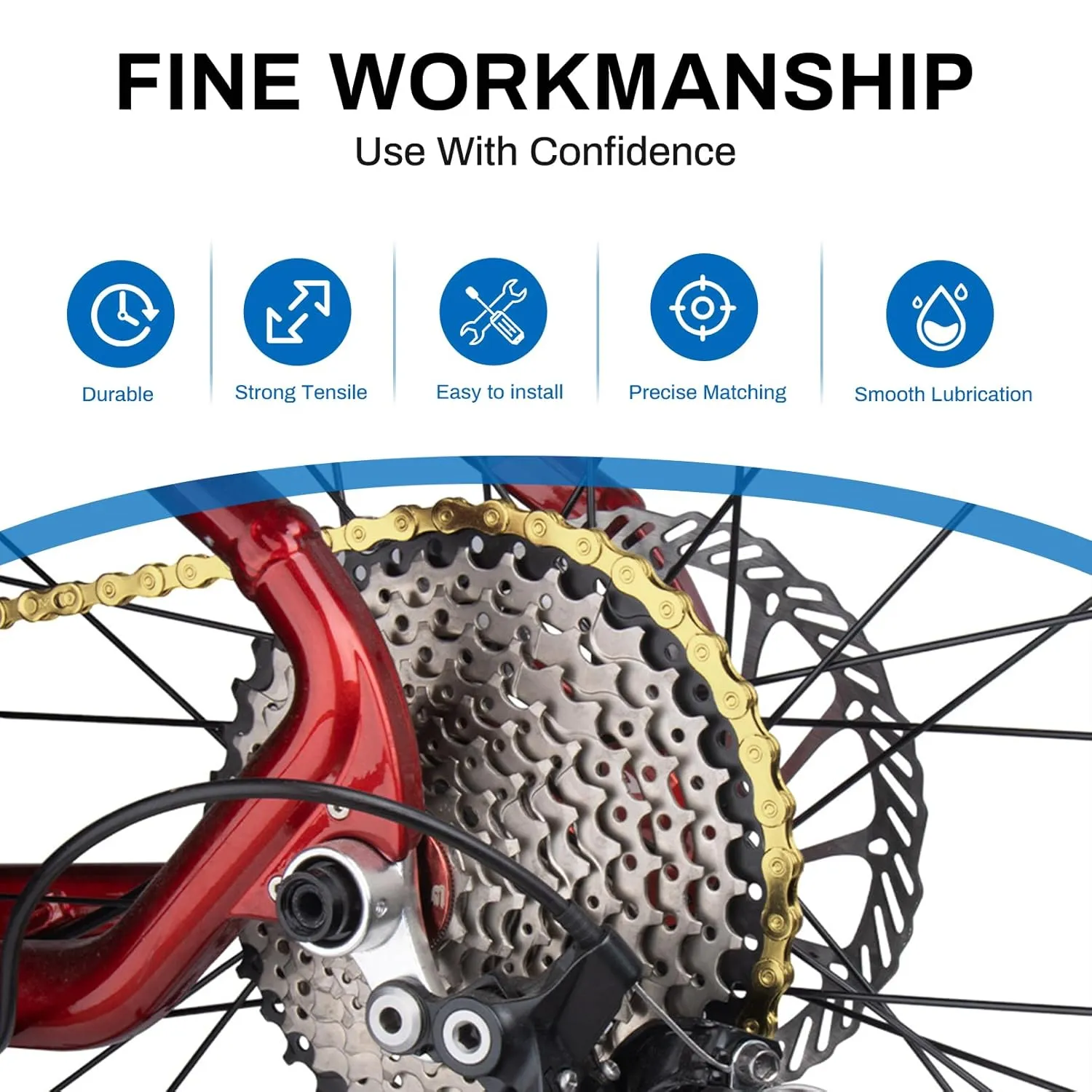 Gold 6/7/8 Speed Bike Chain, 1/2x3/32 Inch, 116 Links, Alloy Steel, Triple Strand, Suitable for Road, Mountain, Racing Bikes
