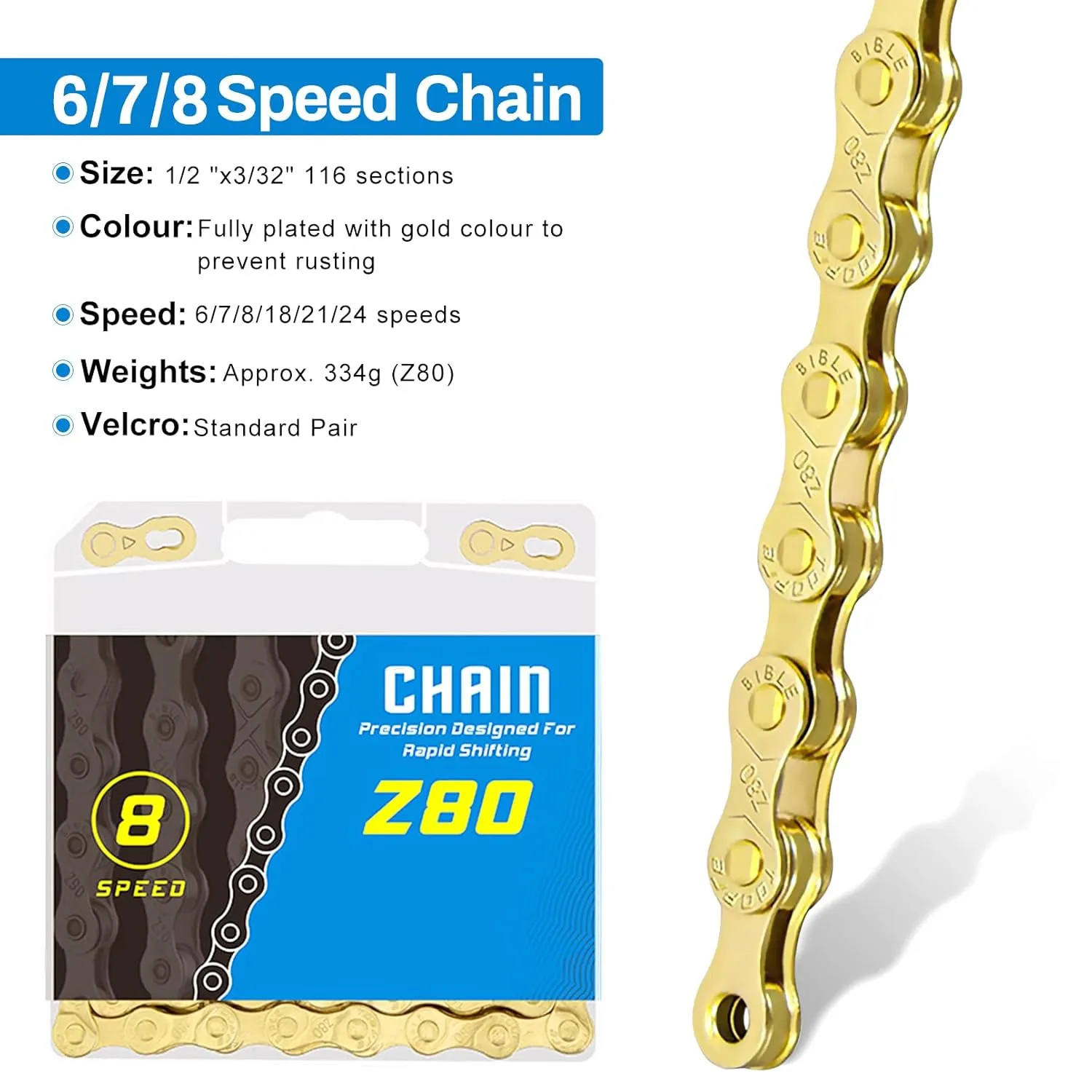 Gold 6/7/8 Speed Bike Chain, 1/2x3/32 Inch, 116 Links, Alloy Steel, Triple Strand, Suitable for Road, Mountain, Racing Bikes