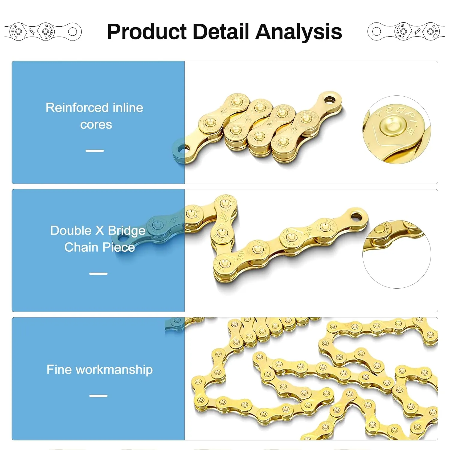 Gold 6/7/8 Speed Bike Chain, 1/2x3/32 Inch, 116 Links, Alloy Steel, Triple Strand, Suitable for Road, Mountain, Racing Bikes