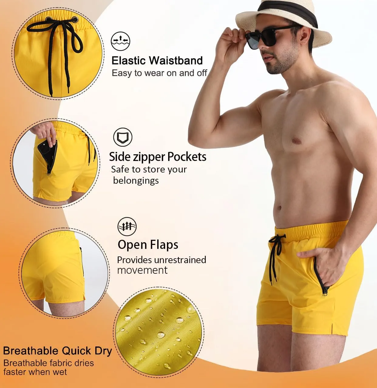 Mens 5" with Zipper Quick Dry Beach Shorts for Swimming Men Bathing Suit
