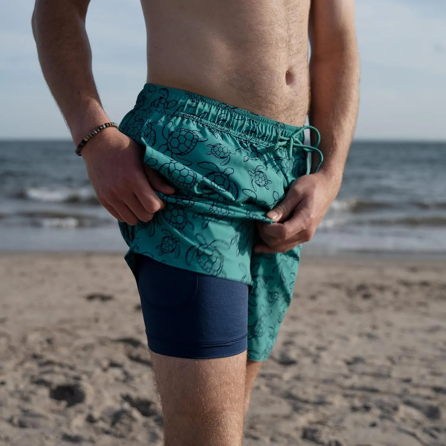Mens Swim Trunks with Compression Liner Anti Chafing 7 inch Inseam Stretch Quick Dry Swim Shorts with Phone Pocket