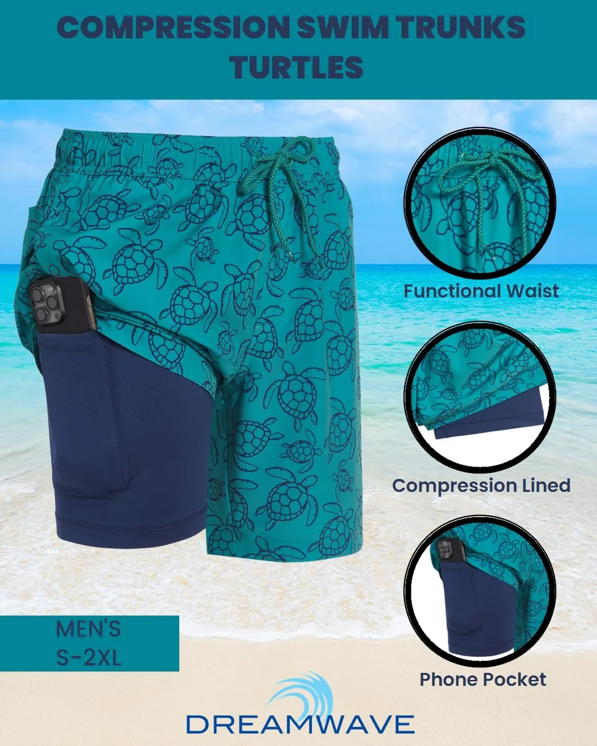 Mens Swim Trunks with Compression Liner Anti Chafing 7 inch Inseam Stretch Quick Dry Swim Shorts with Phone Pocket
