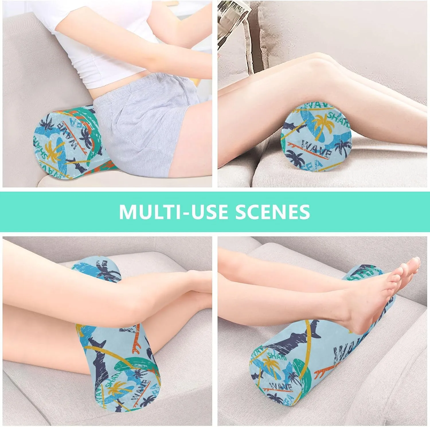 Oyihfvs Seamless Bright Surfboards and Shark and Palm Trees on The Blue Round Memory Foam Pillow, Travel Pillow with Removable Washable Cover for Head Neck Legs Support 5.5 x 5.5 x 17 inch