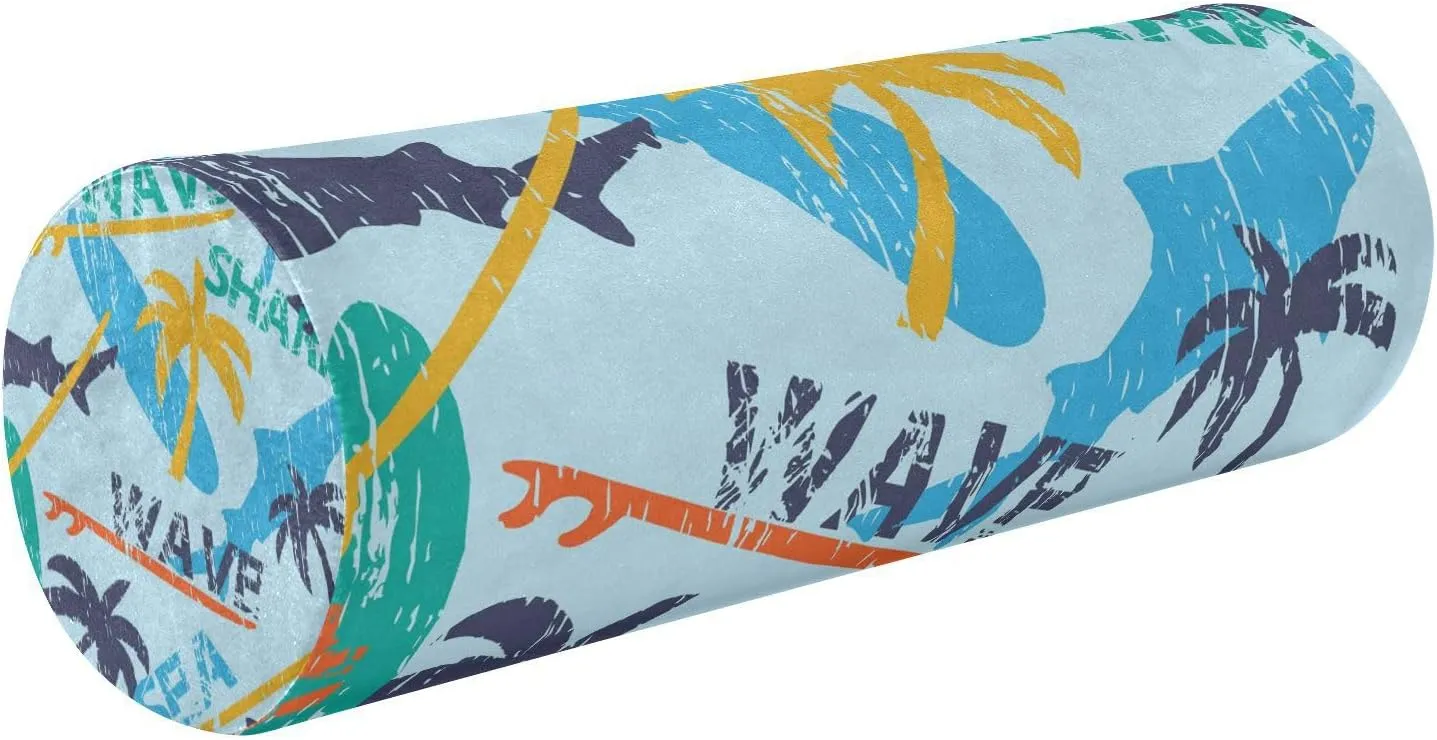 Oyihfvs Seamless Bright Surfboards and Shark and Palm Trees on The Blue Round Memory Foam Pillow, Travel Pillow with Removable Washable Cover for Head Neck Legs Support 5.5 x 5.5 x 17 inch