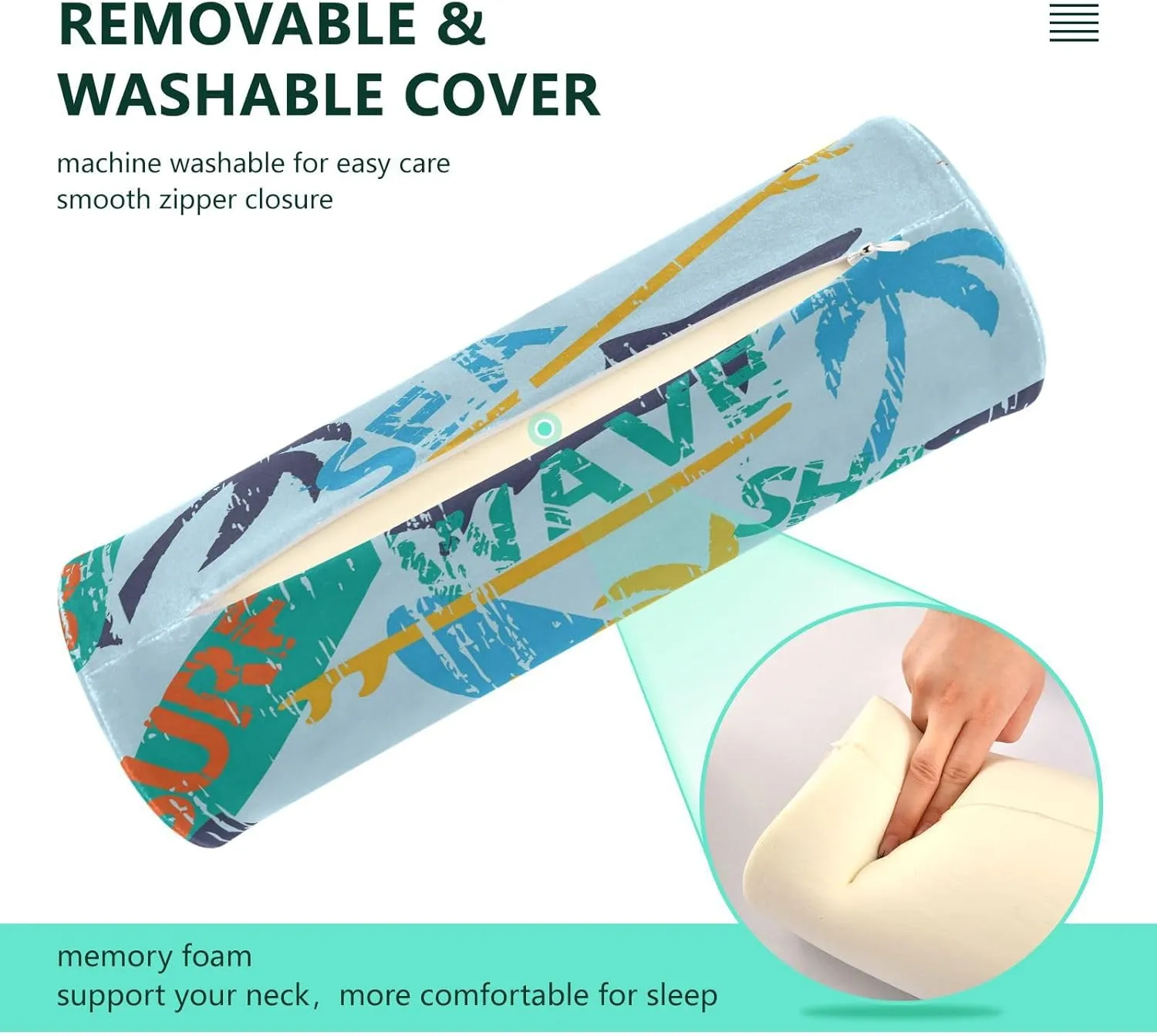 Oyihfvs Seamless Bright Surfboards and Shark and Palm Trees on The Blue Round Memory Foam Pillow, Travel Pillow with Removable Washable Cover for Head Neck Legs Support 5.5 x 5.5 x 17 inch