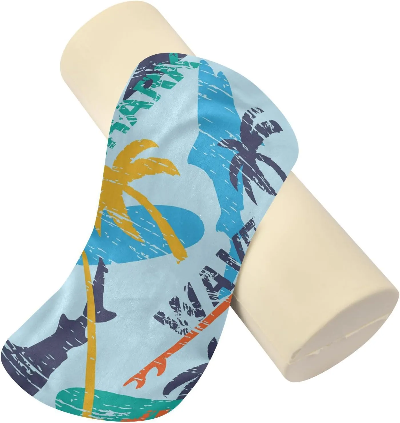 Oyihfvs Seamless Bright Surfboards and Shark and Palm Trees on The Blue Round Memory Foam Pillow, Travel Pillow with Removable Washable Cover for Head Neck Legs Support 5.5 x 5.5 x 17 inch