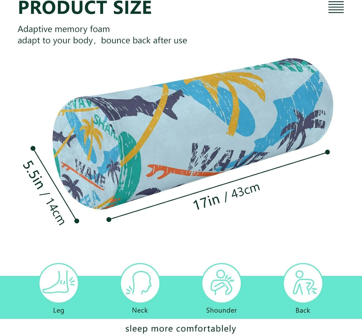 Oyihfvs Seamless Bright Surfboards and Shark and Palm Trees on The Blue Round Memory Foam Pillow, Travel Pillow with Removable Washable Cover for Head Neck Legs Support 5.5 x 5.5 x 17 inch