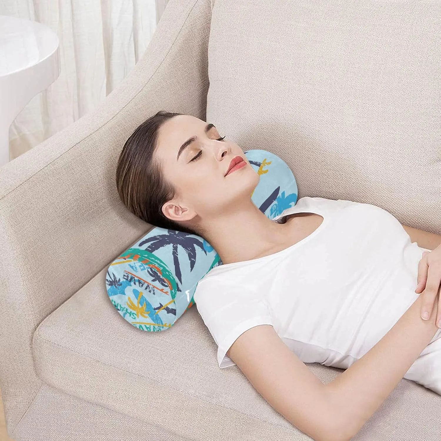 Oyihfvs Seamless Bright Surfboards and Shark and Palm Trees on The Blue Round Memory Foam Pillow, Travel Pillow with Removable Washable Cover for Head Neck Legs Support 5.5 x 5.5 x 17 inch