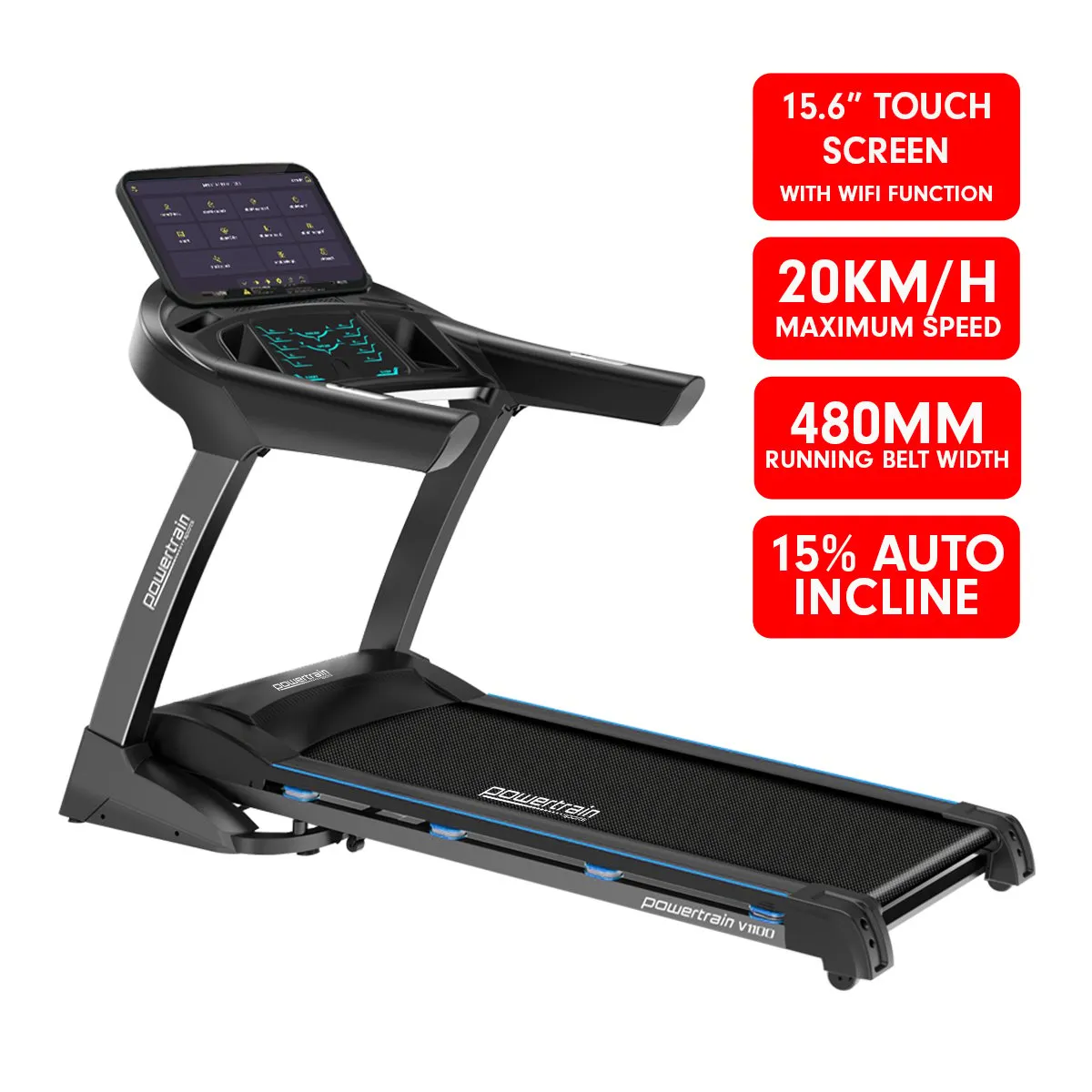 Powertrain V1100 Treadmill with Wifi Touch Screen and Incline