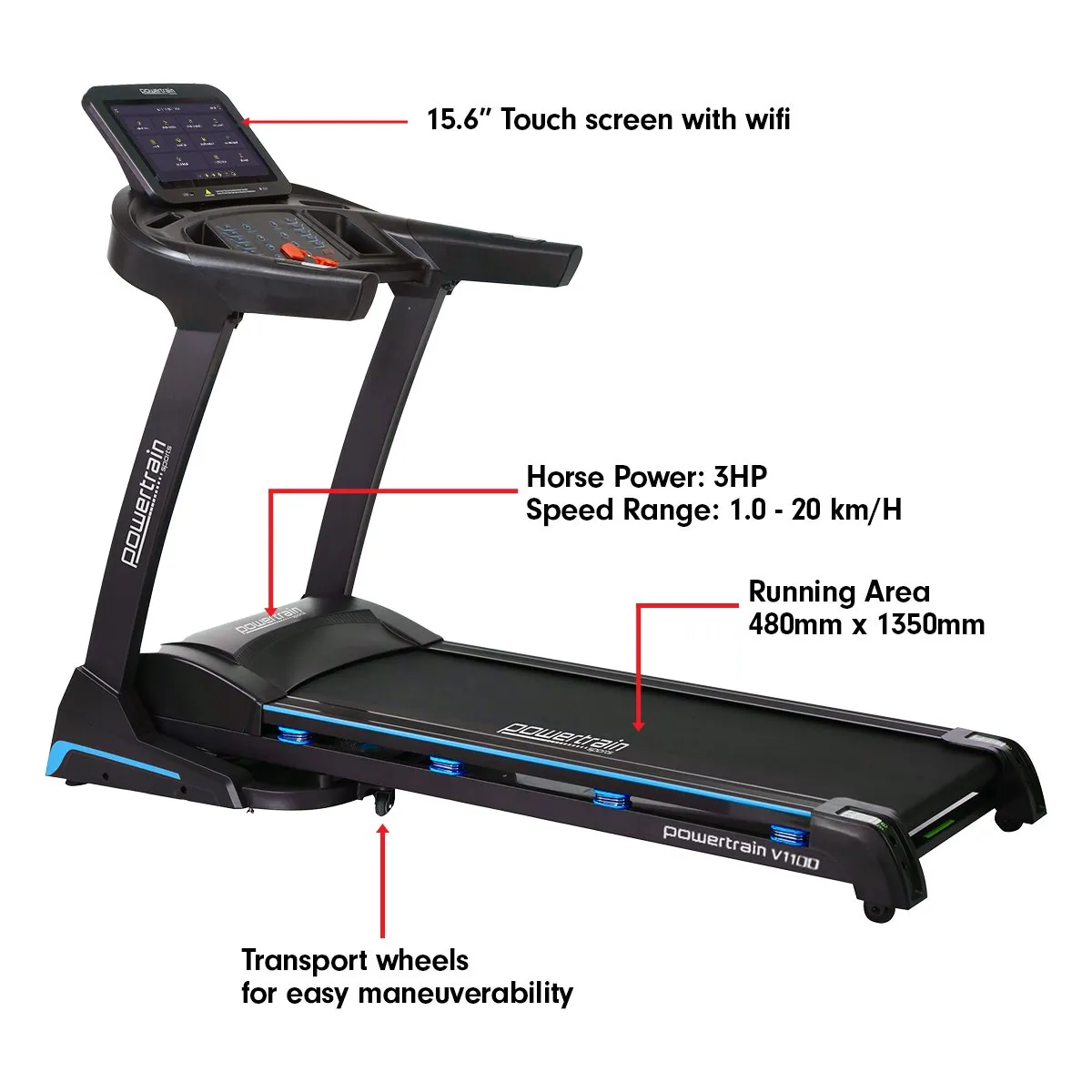 Powertrain V1100 Treadmill with Wifi Touch Screen and Incline