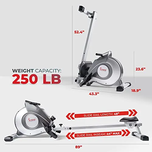 Sunny Health & Fitness Rowing Machine with Magnetic Resistance, LCD Monitor, 8-level Resistance, 1117 mm Step Length, 113 KG Max. Weight - SF-RW5515, Ergometer, Training Computer