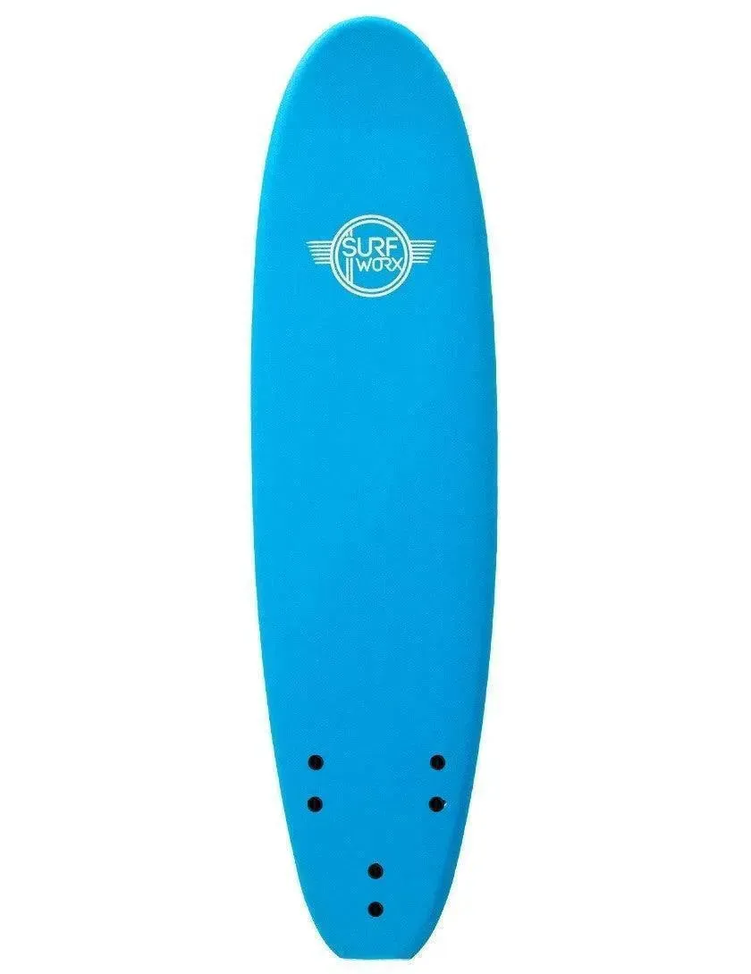 Surfworx Base Mini Mal soft surfboard 7ft 0 Azure Blue Package
