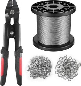 Wire Rope Crimping Tool Kit, 328FT Stainless Steel Cable with 200PCS 1/16 Aluminum Crimping Loop Sleeves and 50PCS Stainless Steel Thimbles