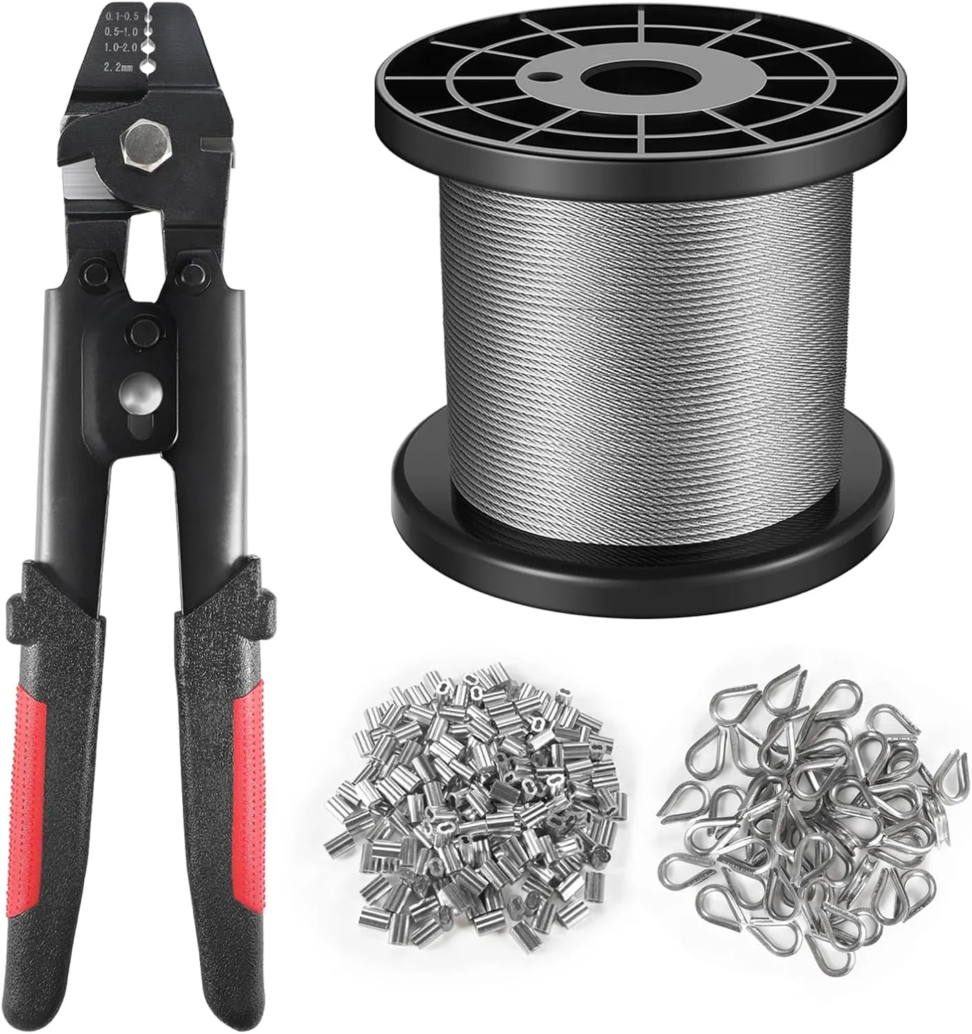 Wire Rope Crimping Tool Kit, 328FT Stainless Steel Cable with 200PCS 1/16 Aluminum Crimping Loop Sleeves and 50PCS Stainless Steel Thimbles