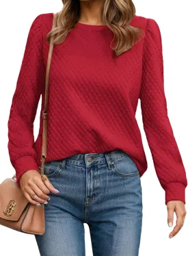 Women Long Puff Sleeve Sweatshirt 2025 Fall Fashion Sweater Lightweight Knit Twist Texture Tops