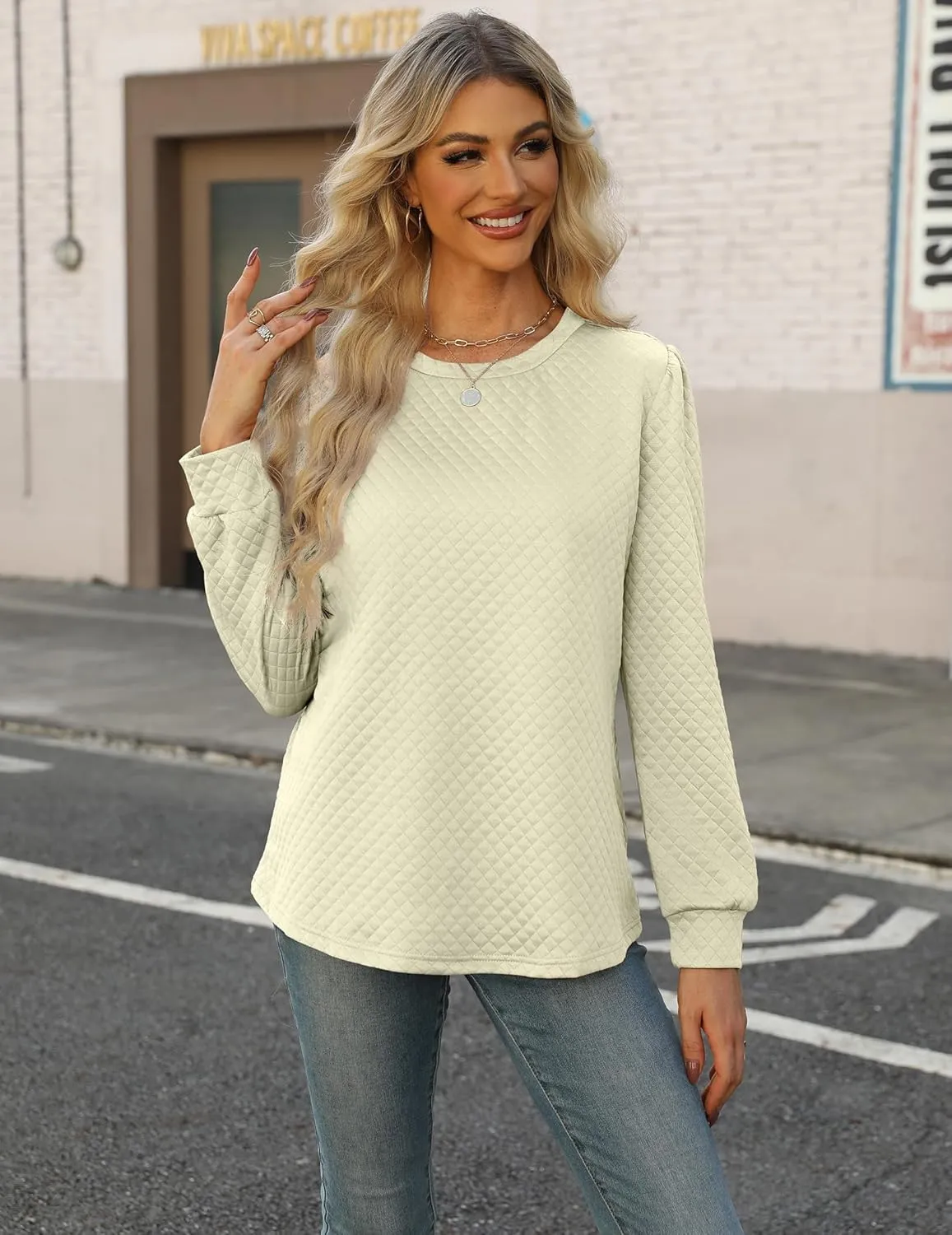 Women Long Puff Sleeve Sweatshirt 2025 Fall Fashion Sweater Lightweight Knit Twist Texture Tops