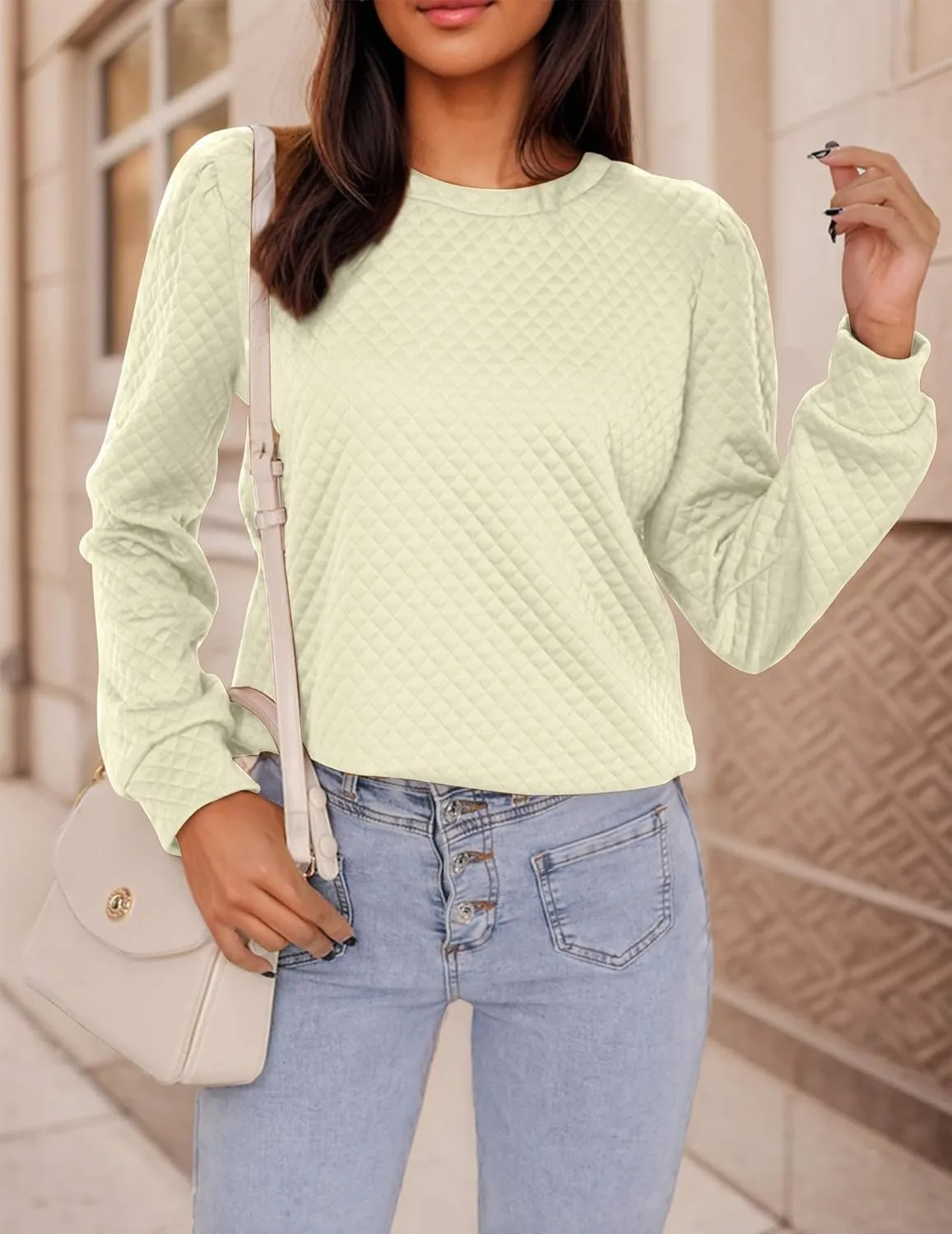 Women Long Puff Sleeve Sweatshirt 2025 Fall Fashion Sweater Lightweight Knit Twist Texture Tops
